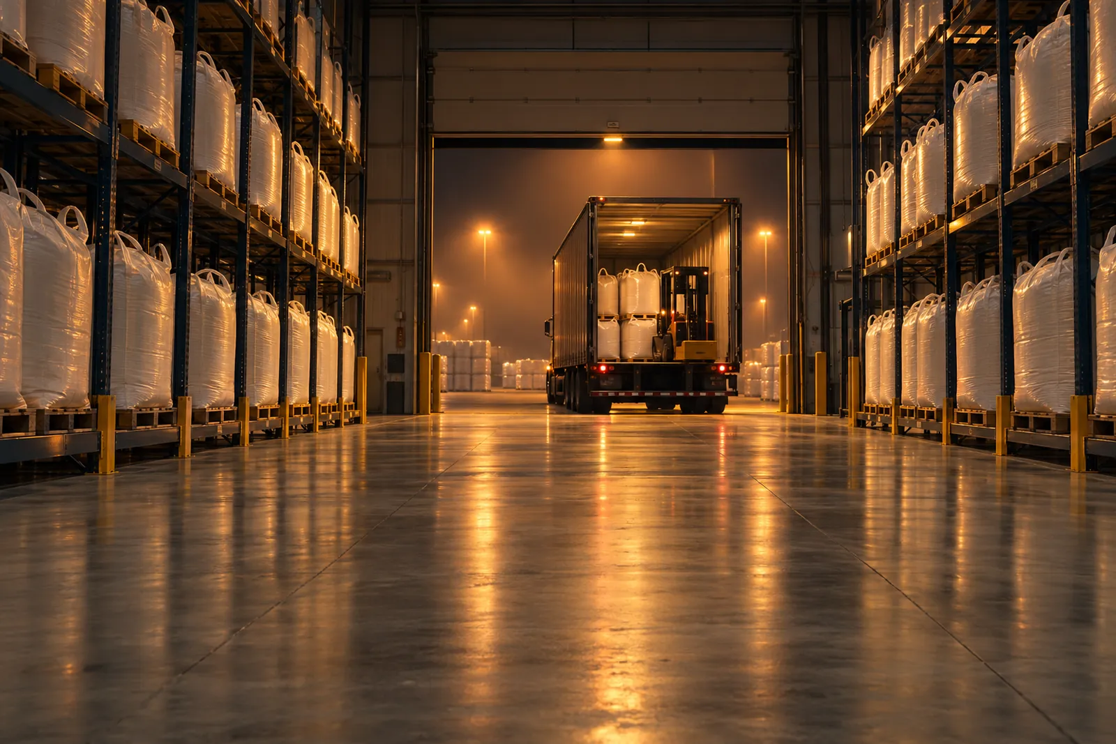 Virgin resin distribution warehouse with bulk bags and a loading dock