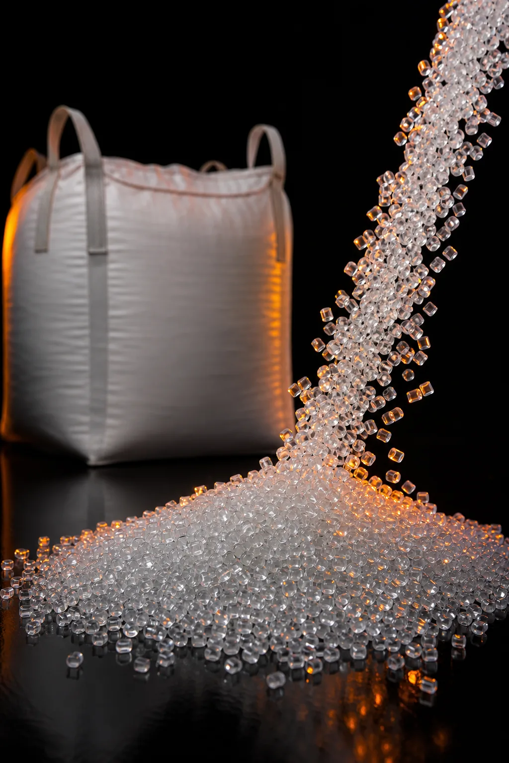 Pristine prime-grade virgin polymer pellets cascading beside an industrial big-bag